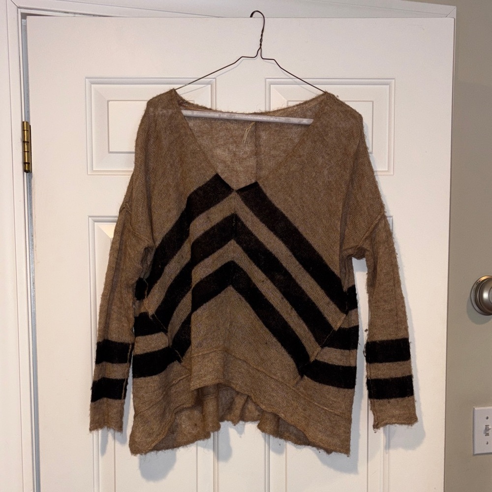 Free People Tan and Black Chevron V-Neck Sweater